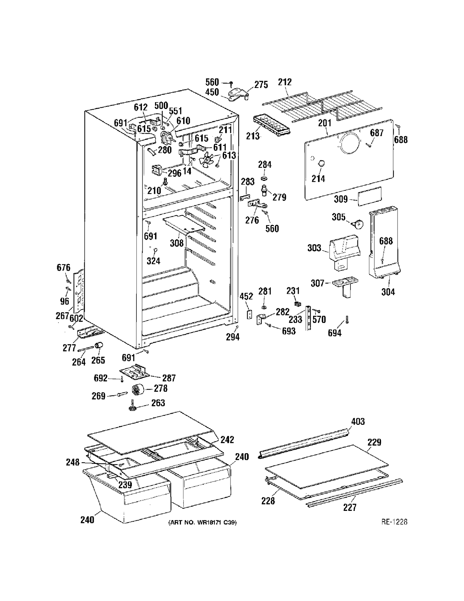 CABINET Diagram and Parts List for MTS16GBMBRWW  General Electric Refrigerator