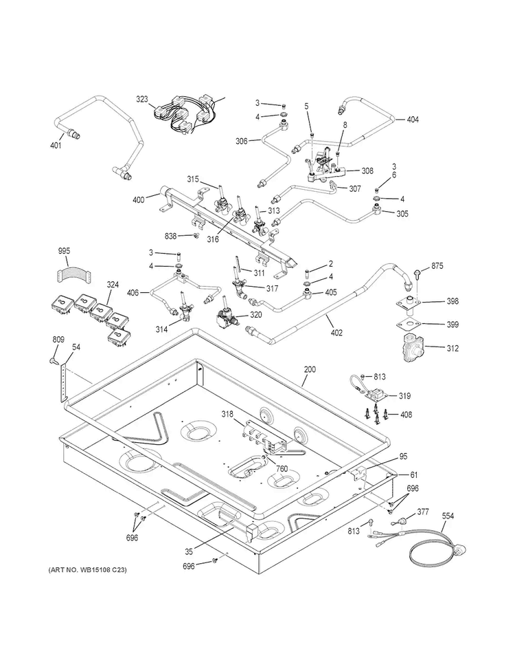 Gas & Burner Parts Diagram and Parts List for CGP650SET4SS  General Electric Cooktop