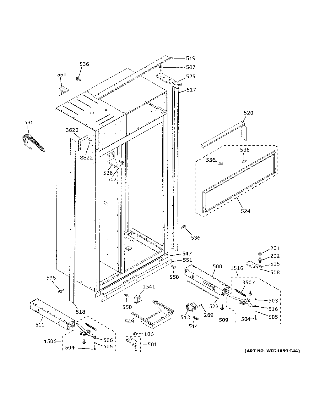 Case Parts Diagram and Parts List for CSB48YP2NKS1  General Electric Refrigerator