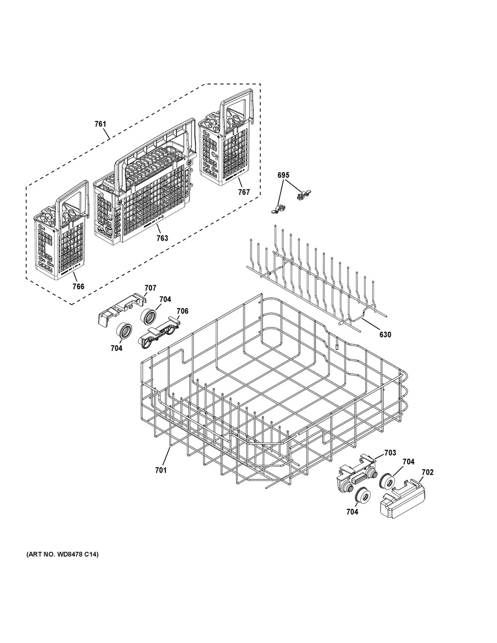 Lower Rack Assembly Diagram and Parts List for GDF620HGJ6WW  General Electric Dishwasher