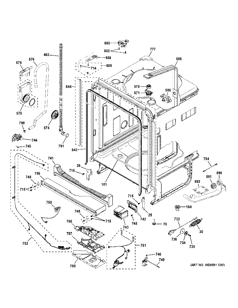 Body Parts Diagram and Parts List for DDT700SFN8DS  General Electric Dishwasher