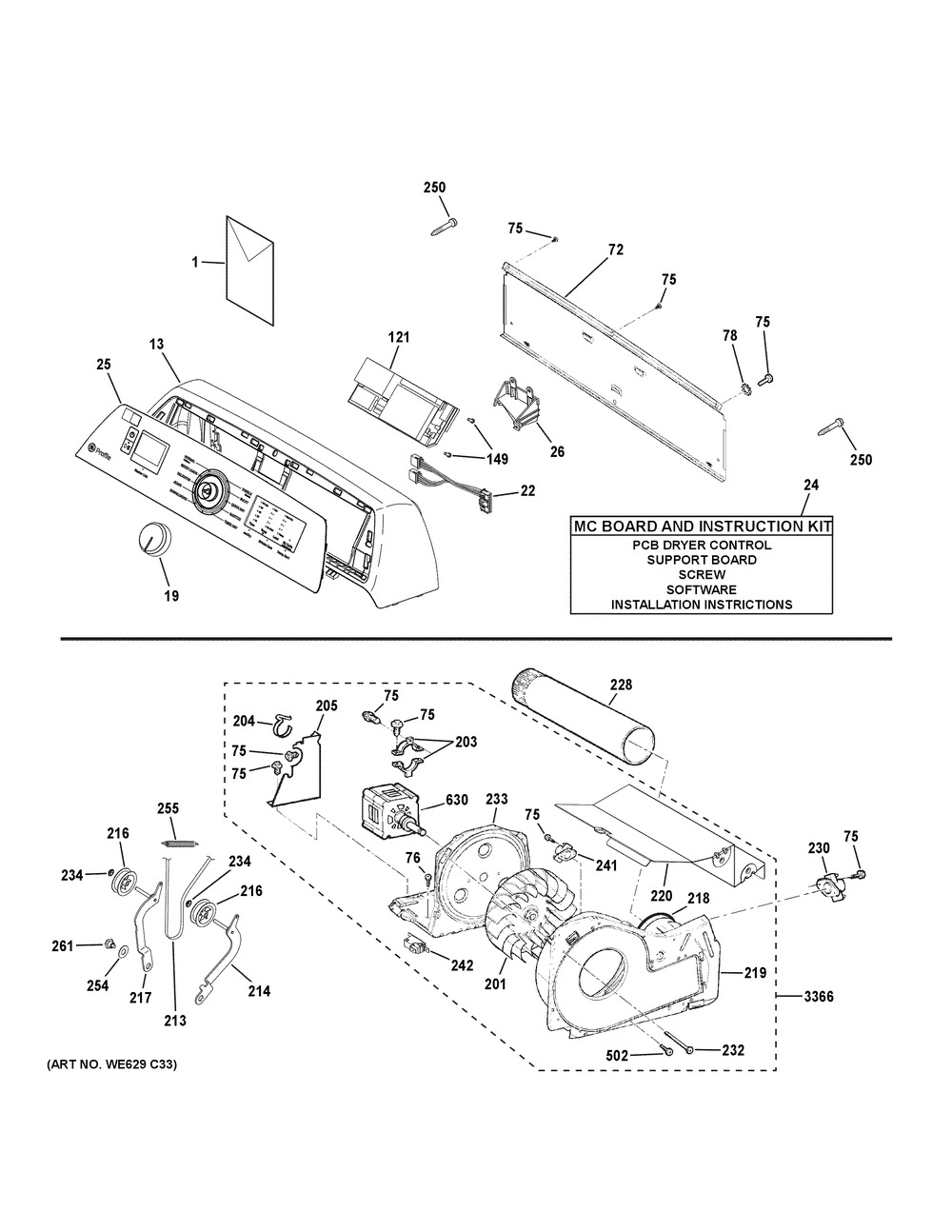 Backsplash, Blower And Motor Assembly Diagram and Parts List for PTD90GBPT1DG  General Electric Dryer
