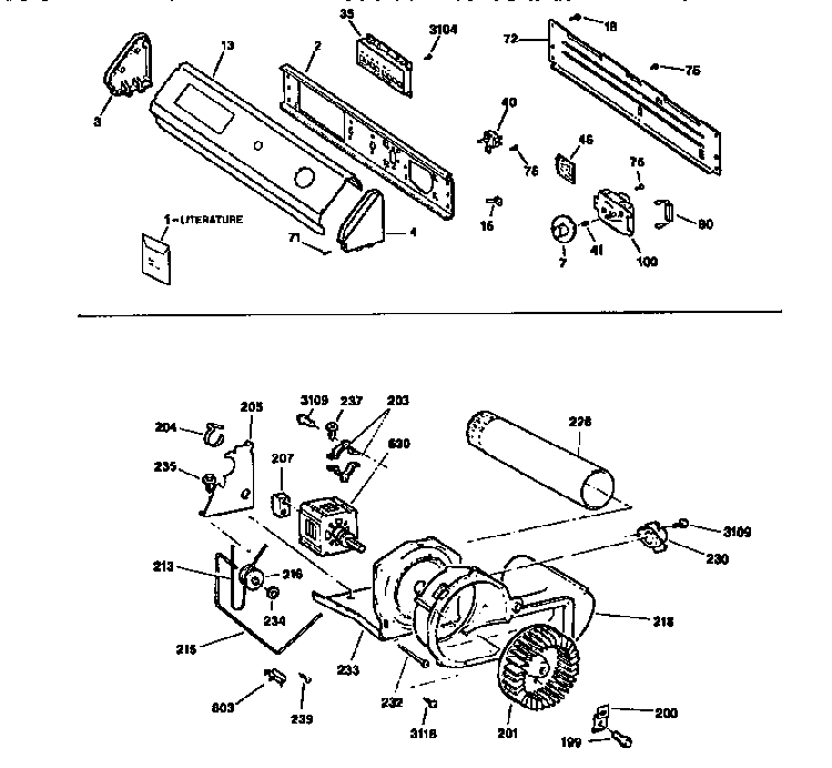 Backsplash,blower&drive Assembly Diagram and Parts List for DDE960SSAMWW  General Electric Dryer