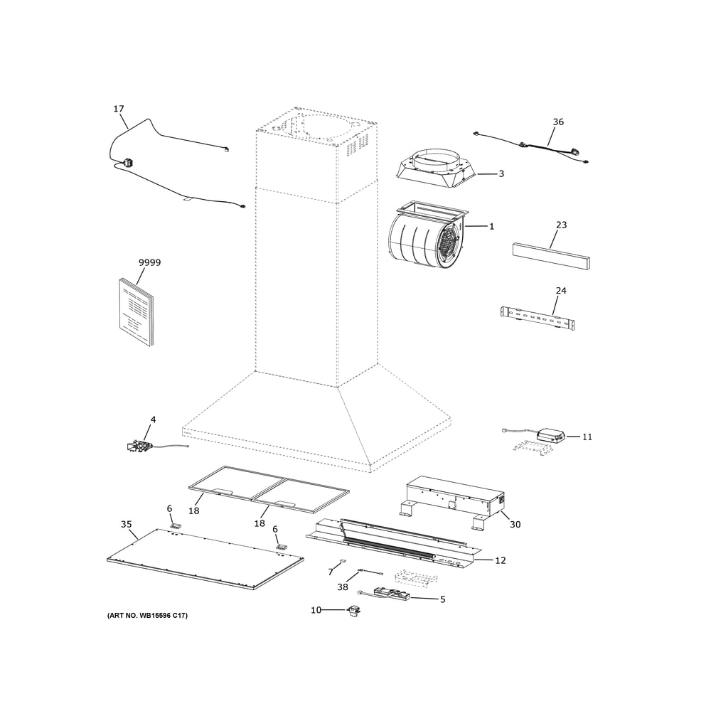 Range Hood Diagram and Parts List for ZVWS361SRSS  General Electric Range Hood