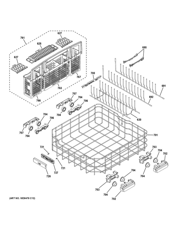 Lower Rack Assembly Diagram and Parts List for CDT725SSF4SS  General Electric Dishwasher