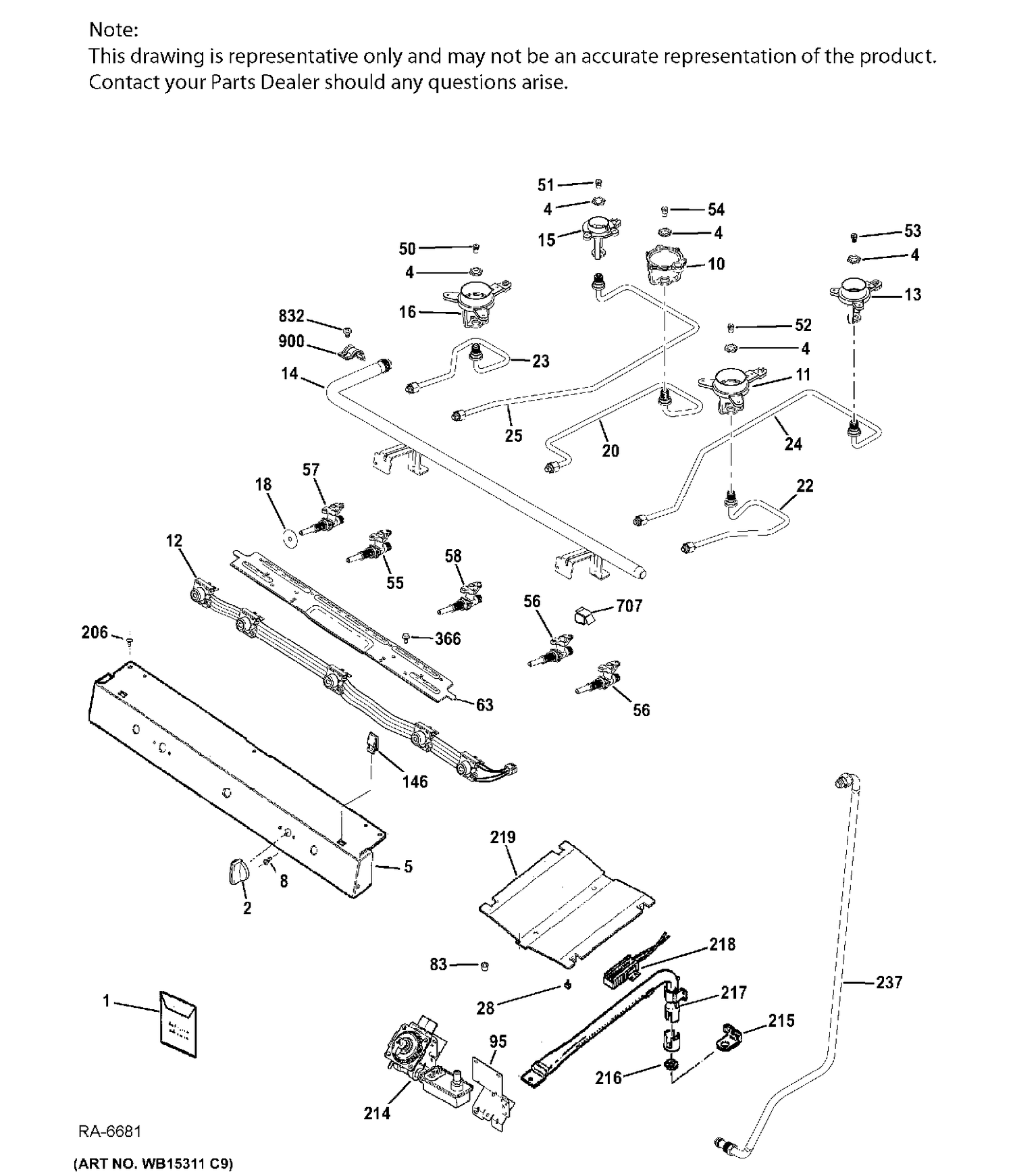 GAS & BURNER Diagram and Parts List for JCGBS66DEK1BB  General Electric Range