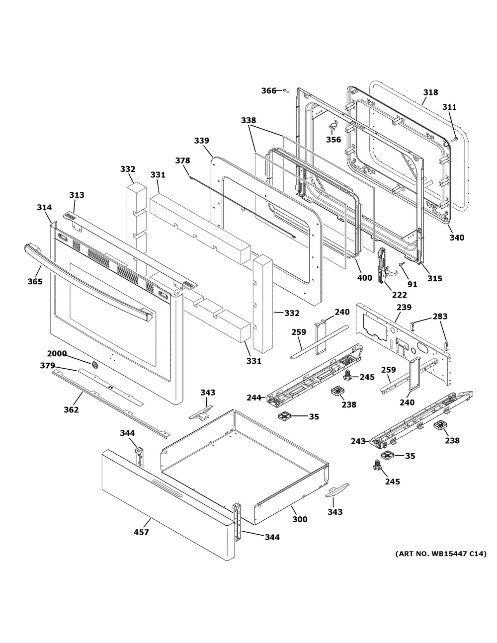 Door & Drawer Parts Diagram and Parts List for JGB660SEJ5SS  General Electric Range