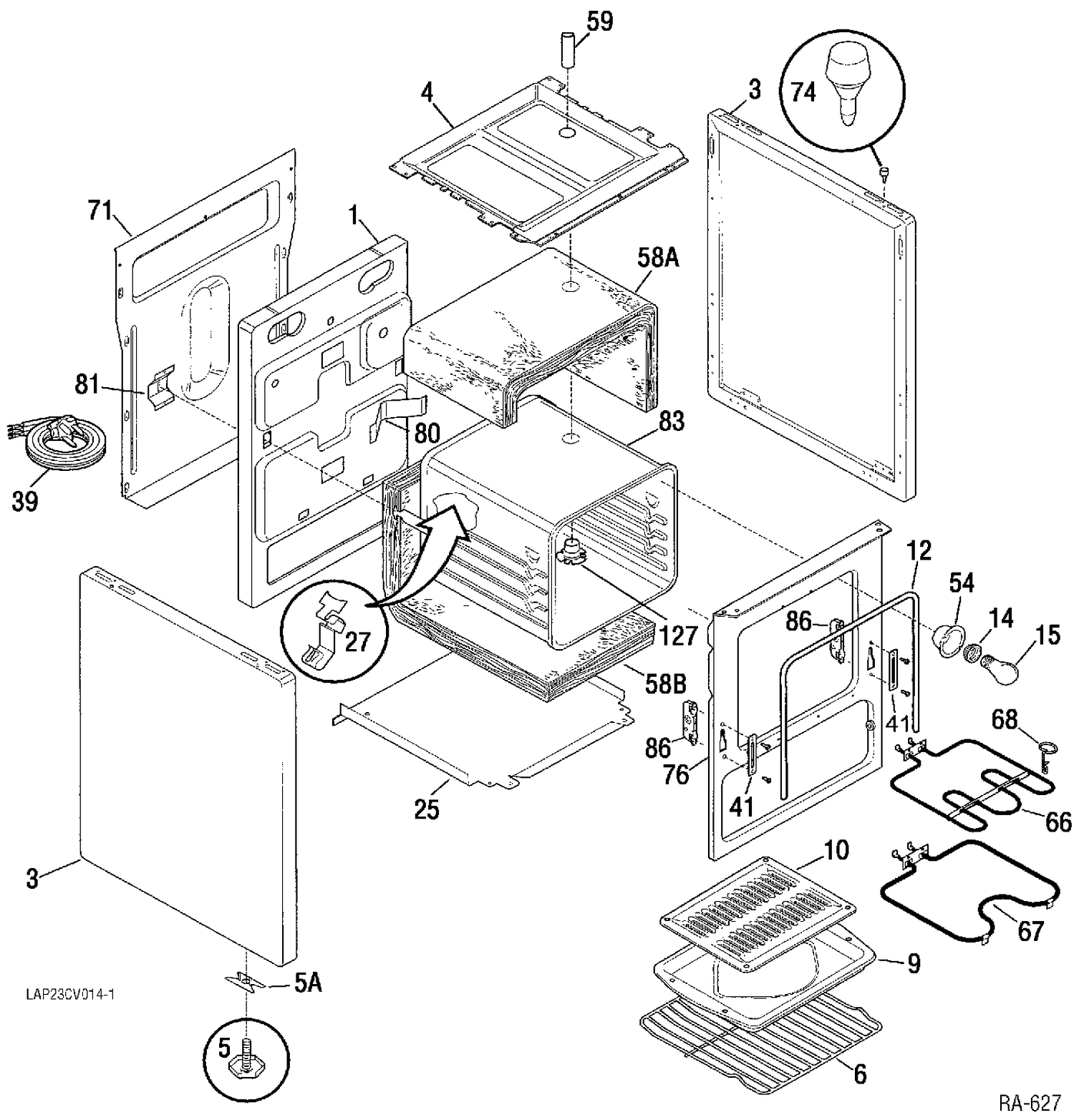 OVEN BODY Diagram and Parts List for 10411-1  General Electric Range