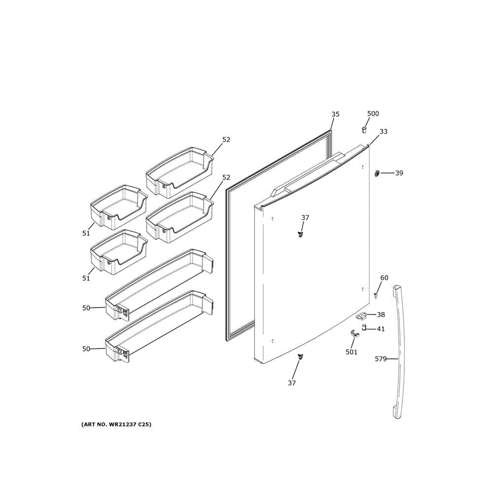 Fresh Food Door Diagram and Parts List for GDE25EYKJRFS  General Electric Refrigerator