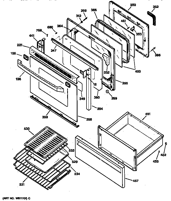 Door & Drawer Parts Diagram and Parts List for JBP95WW1  General Electric Range
