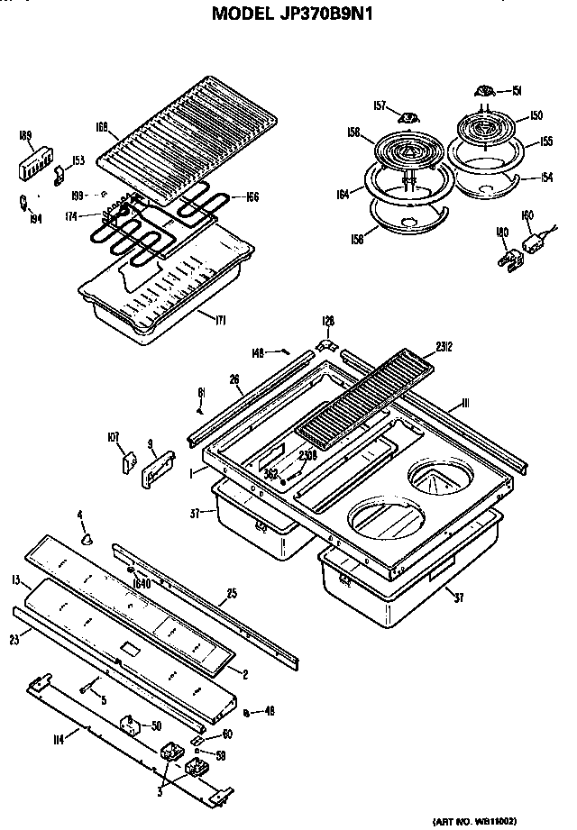 Cooktop Diagram and Parts List for JP370B9N1  General Electric Cooktop