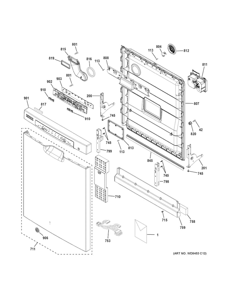 Escutcheon & Door Assembly Diagram and Parts List for GDF510PGD4WW  General Electric Dishwasher