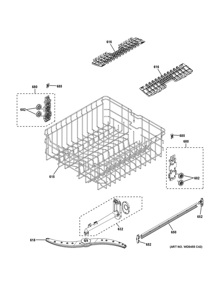 Upper Rack Assembly Diagram and Parts List for GDF520PGD4CC  General Electric Dishwasher