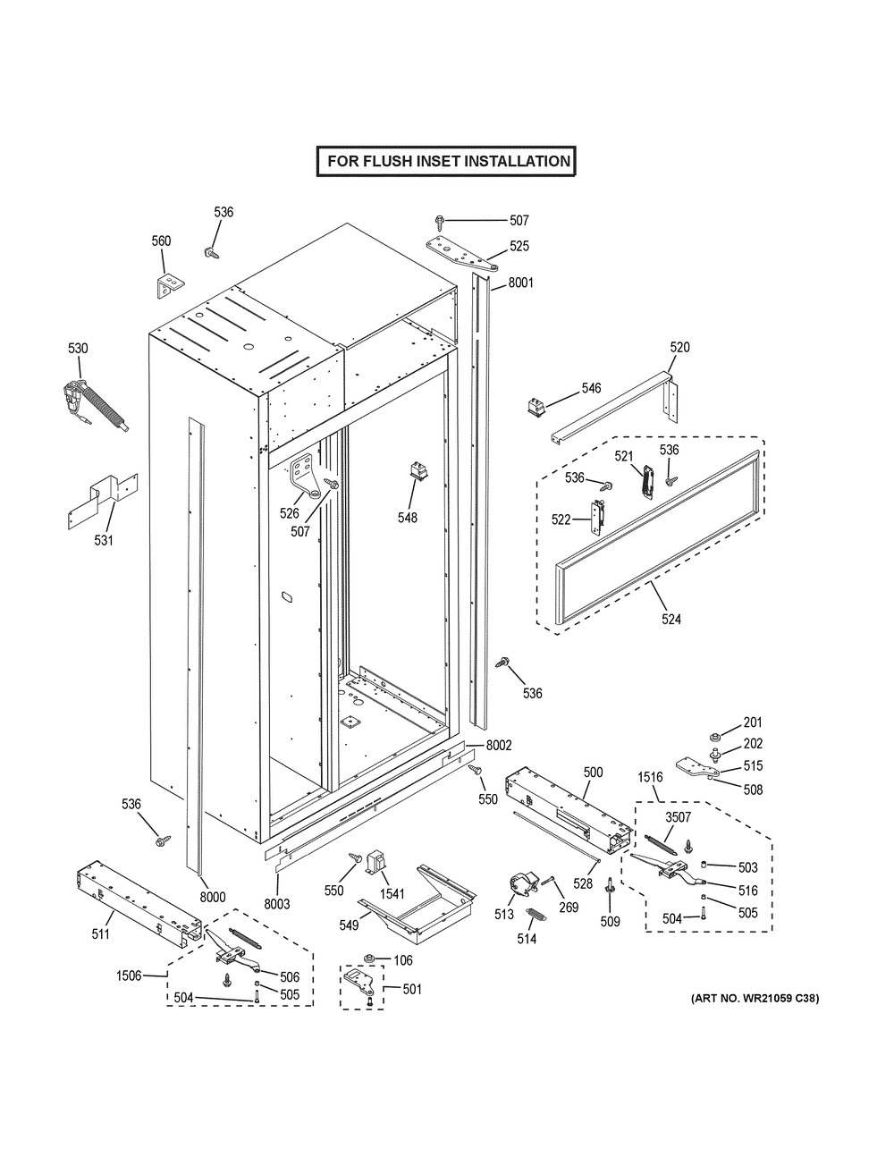 Case Parts - Flush Inset Diagram and Parts List for ZISB360DKC  General Electric Refrigerator