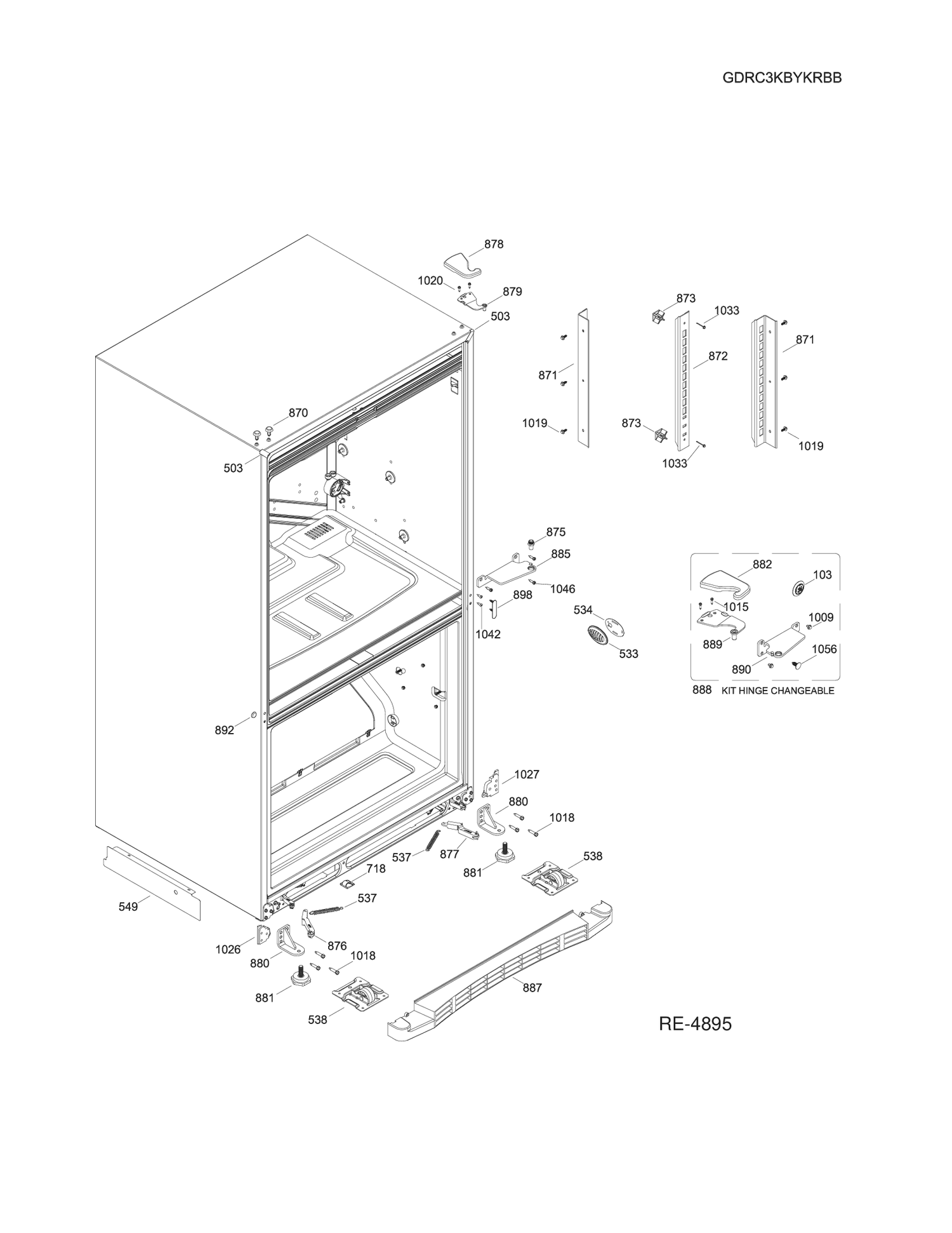 PARTS HINGE FRIDGE Diagram and Parts List for GDRC3KBYKRBB  General Electric Refrigerator