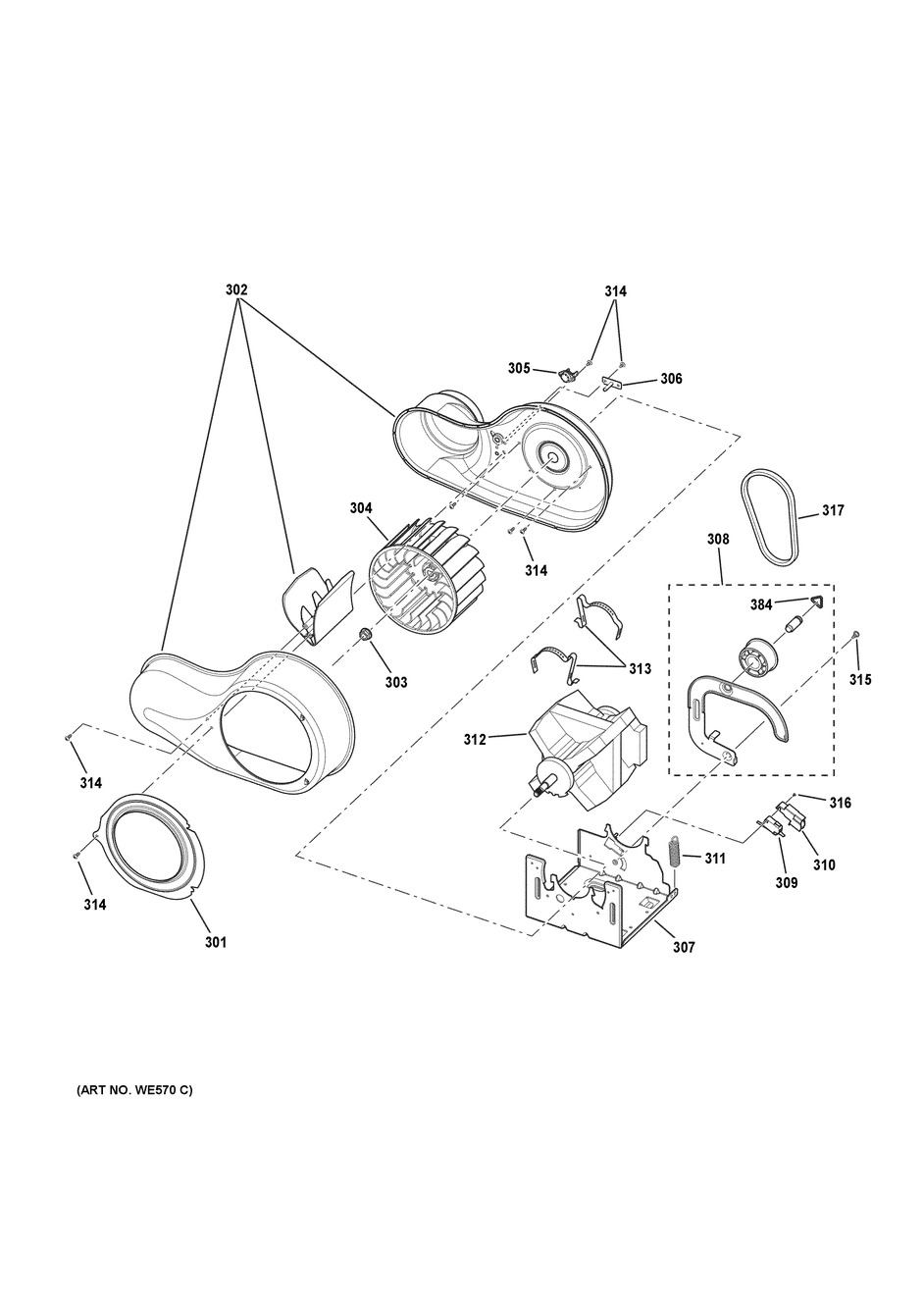 Blower & Motor Diagram and Parts List for DCVH480EK1WW  General Electric Dryer