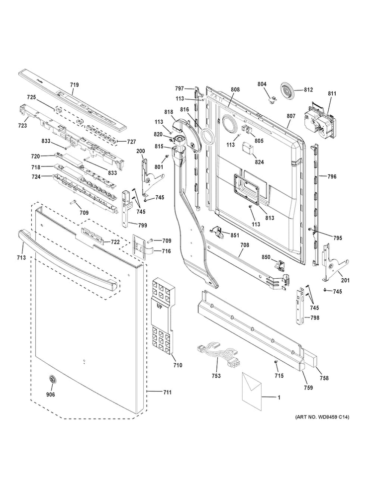 Escutcheon & Door Assembly Diagram and Parts List for PDT760SSJ7SS  General Electric Dishwasher