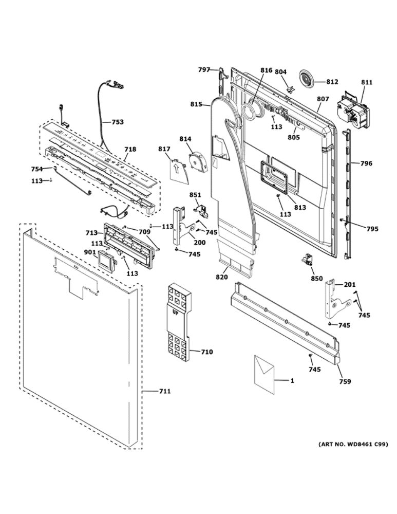 Escutcheon And Door Assembly 1 Diagram and Parts List for CDT855M5N0S5  General Electric Dishwasher