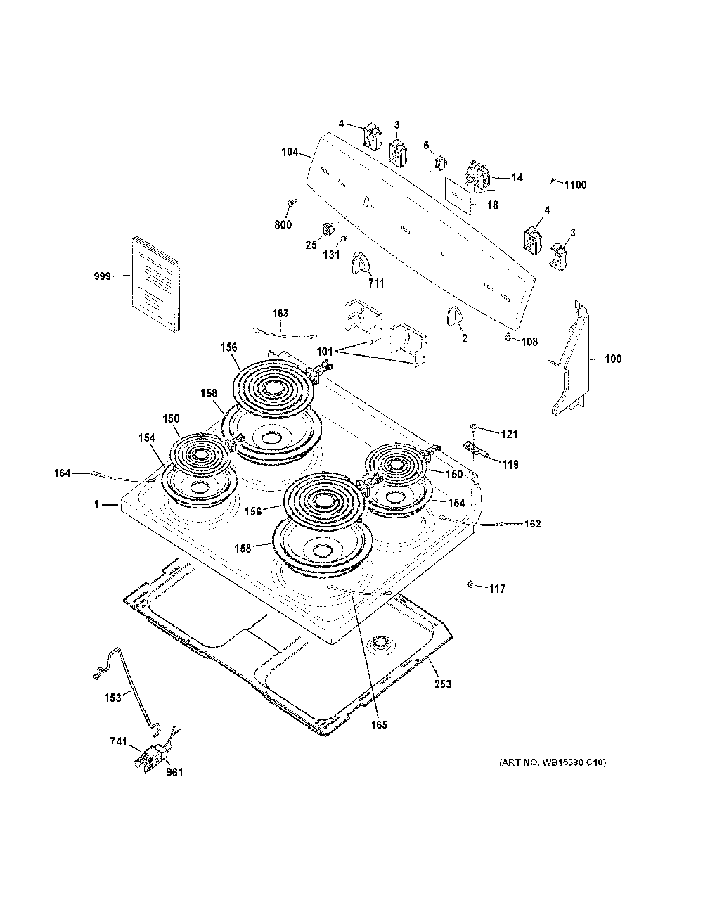 Control Panel And Cooktop Diagram and Parts List for JBS160DM4WW  General Electric Range