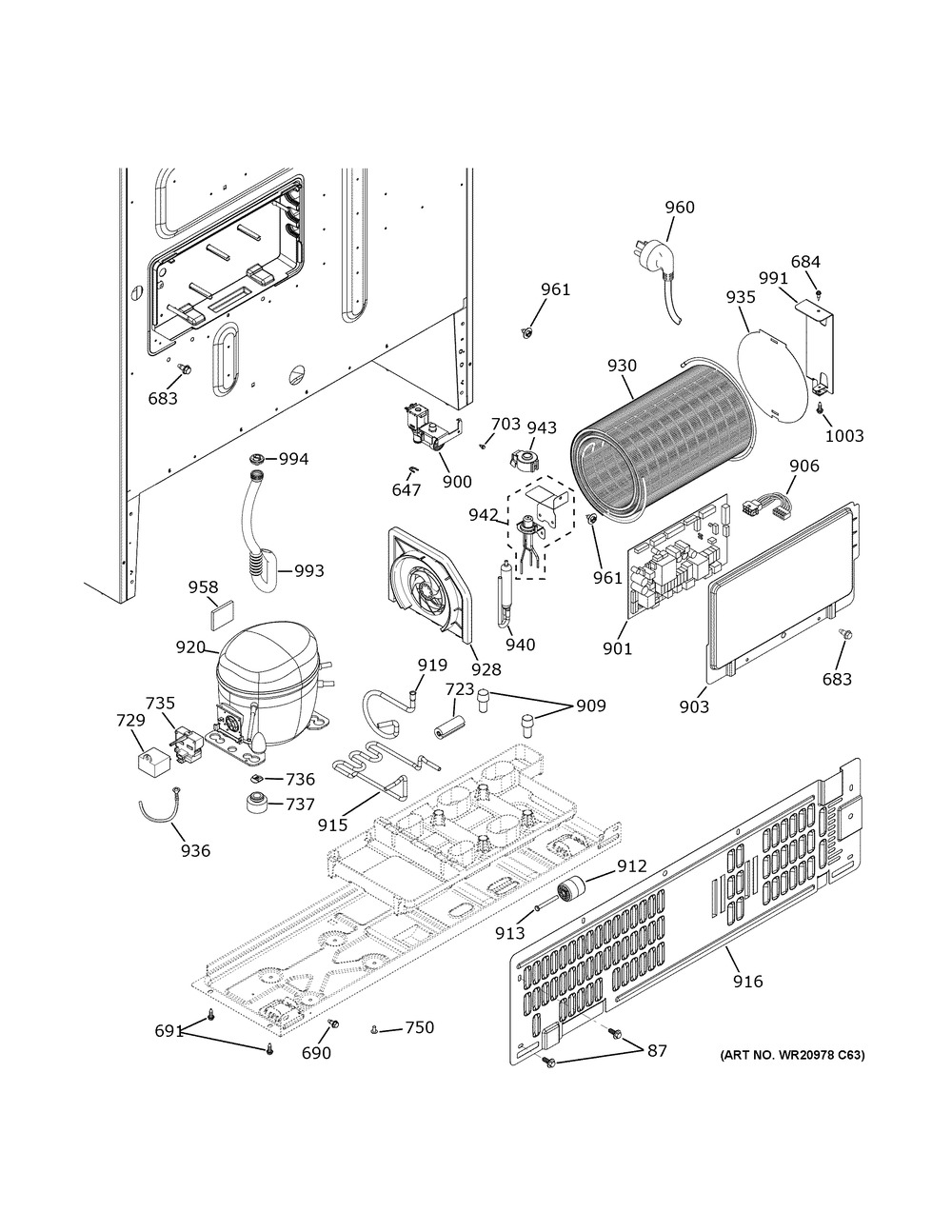 Machine Compartment Diagram and Parts List for GFE28GELODS  General Electric Refrigerator