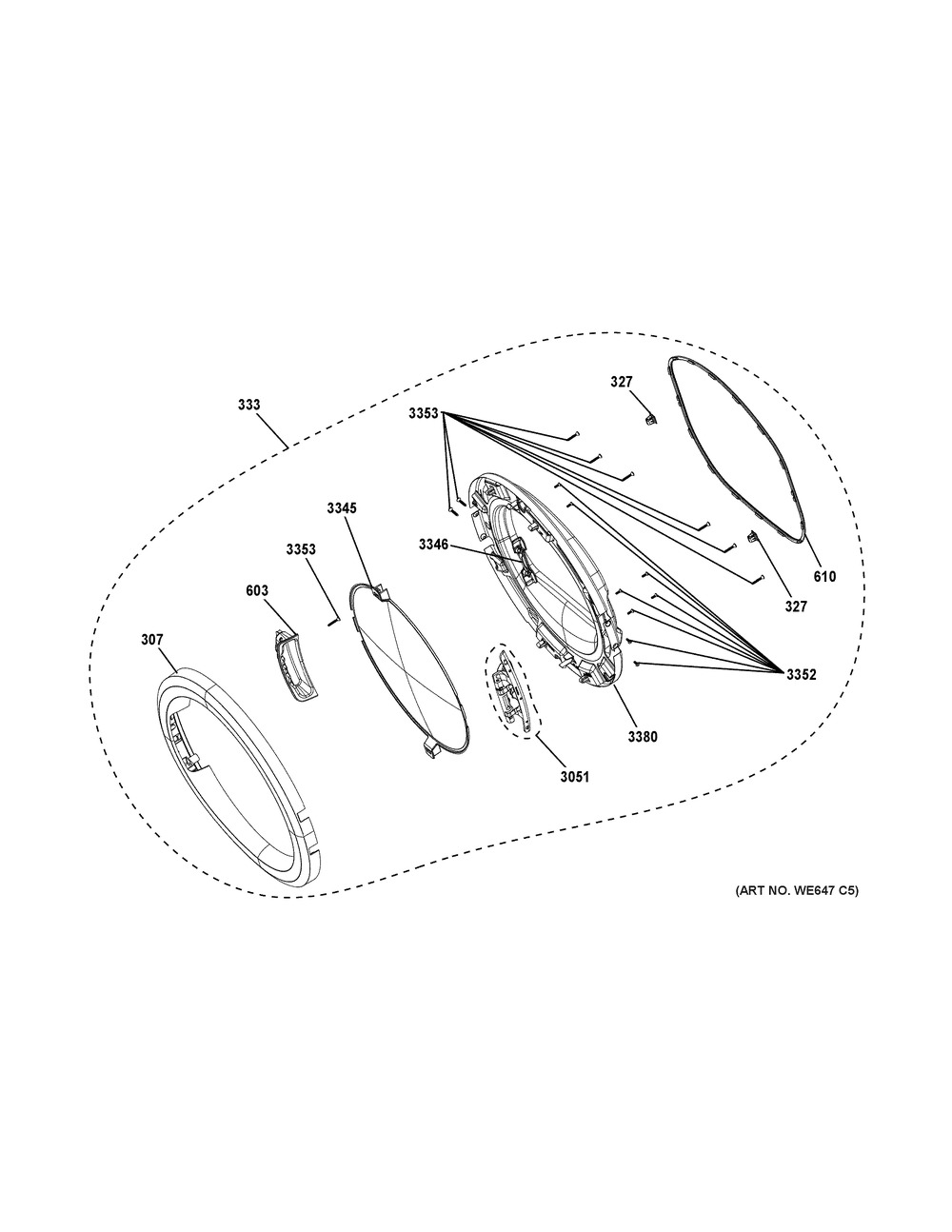 Door Diagram and Parts List for GFD40GSCM0WW  General Electric Dryer