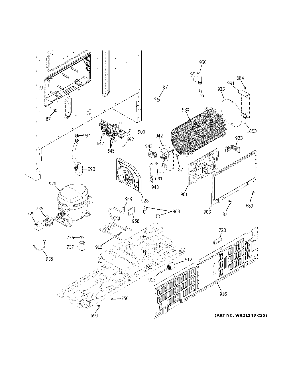 Machine compartment Diagram and Parts List for ZWE23ESHQSS  General Electric Refrigerator