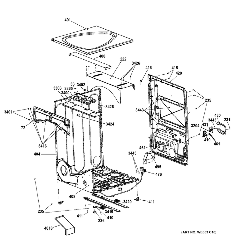 Cabinet & Top Panel Diagram and Parts List for PFDS450EL2WW  General Electric Dryer