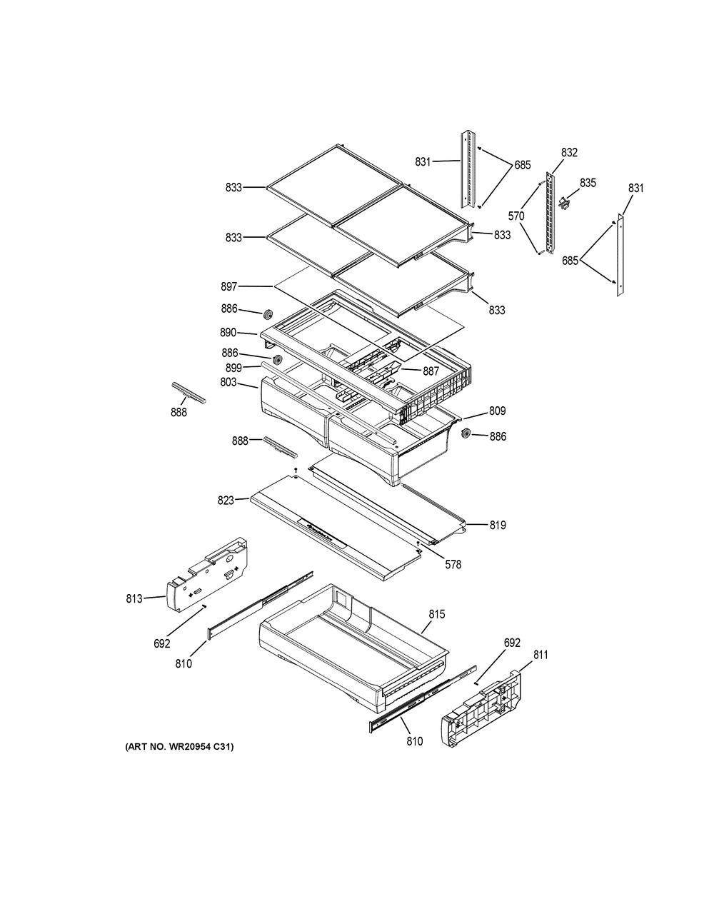 Fresh Food Shelves Diagram and Parts List for GNE29GGKHWW  General Electric Refrigerator