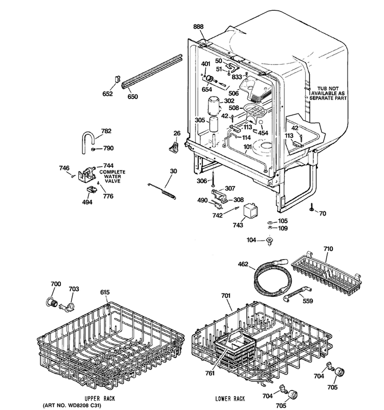 Body Parts Diagram and Parts List for GSD2700N10BB  General Electric Dishwasher