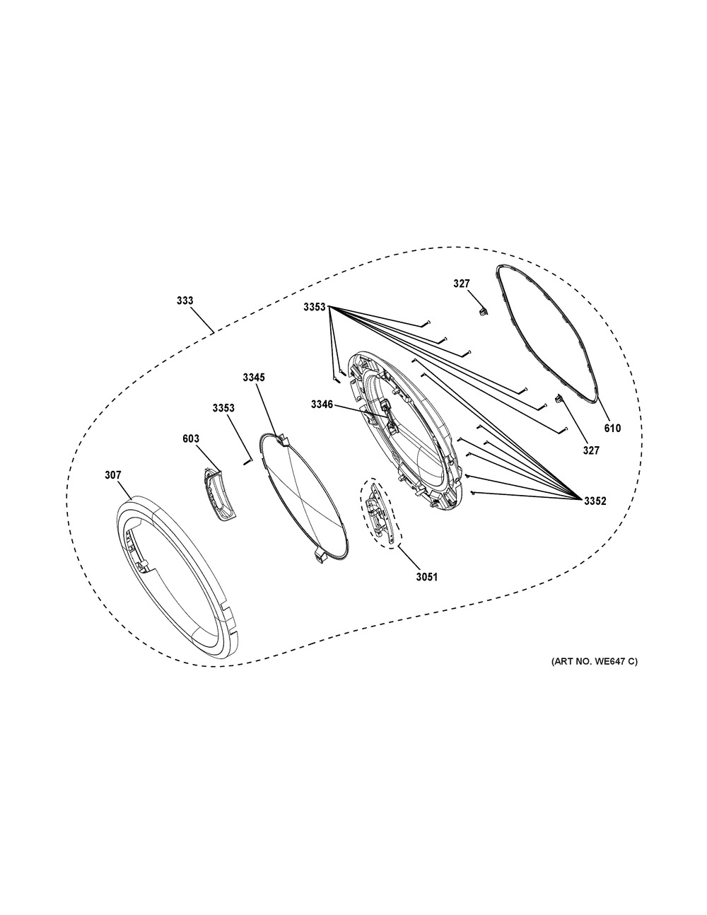 Door Diagram and Parts List for GFD40ESCM0WW  General Electric Dryer