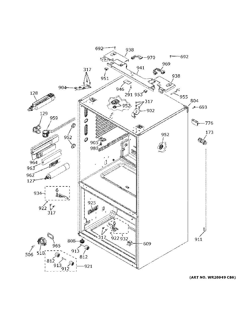 Case parts Diagram and Parts List for PFE28PYNDFS  General Electric Refrigerator