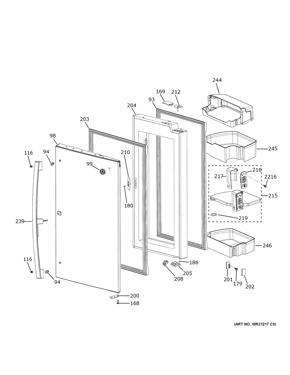 Refrigerator Door - Rh Diagram and Parts List for PVD28BYNFFS  General Electric Refrigerator