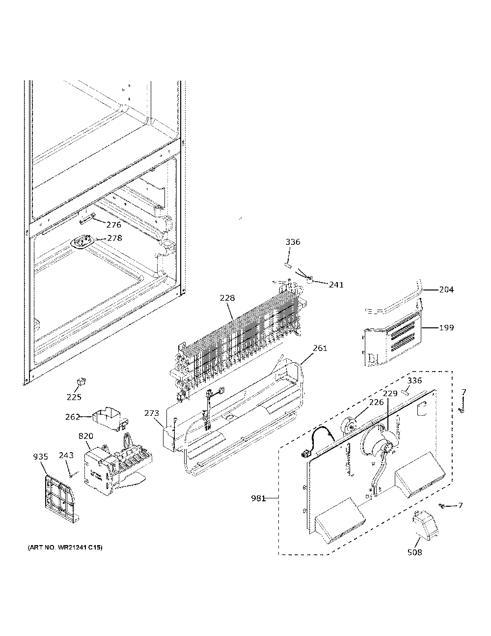 Freezer Section Diagram and Parts List for CWE19SP2NTS1  General Electric Refrigerator
