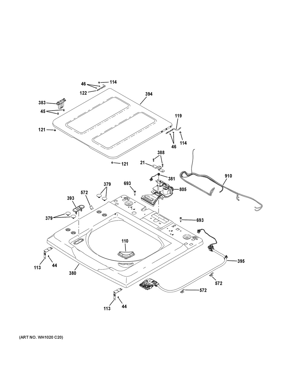 Top Panel And Lid Diagram and Parts List for VTW565ASV0WB  General Electric Washer