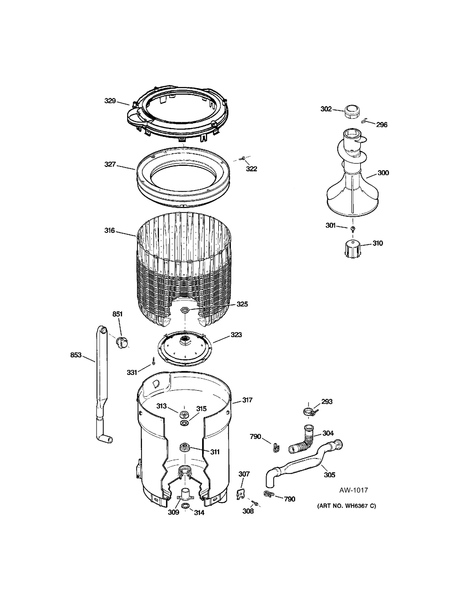 TUB, BASKET & AGITATOR Diagram and Parts List for WCCD2050J2WC  General Electric Washer