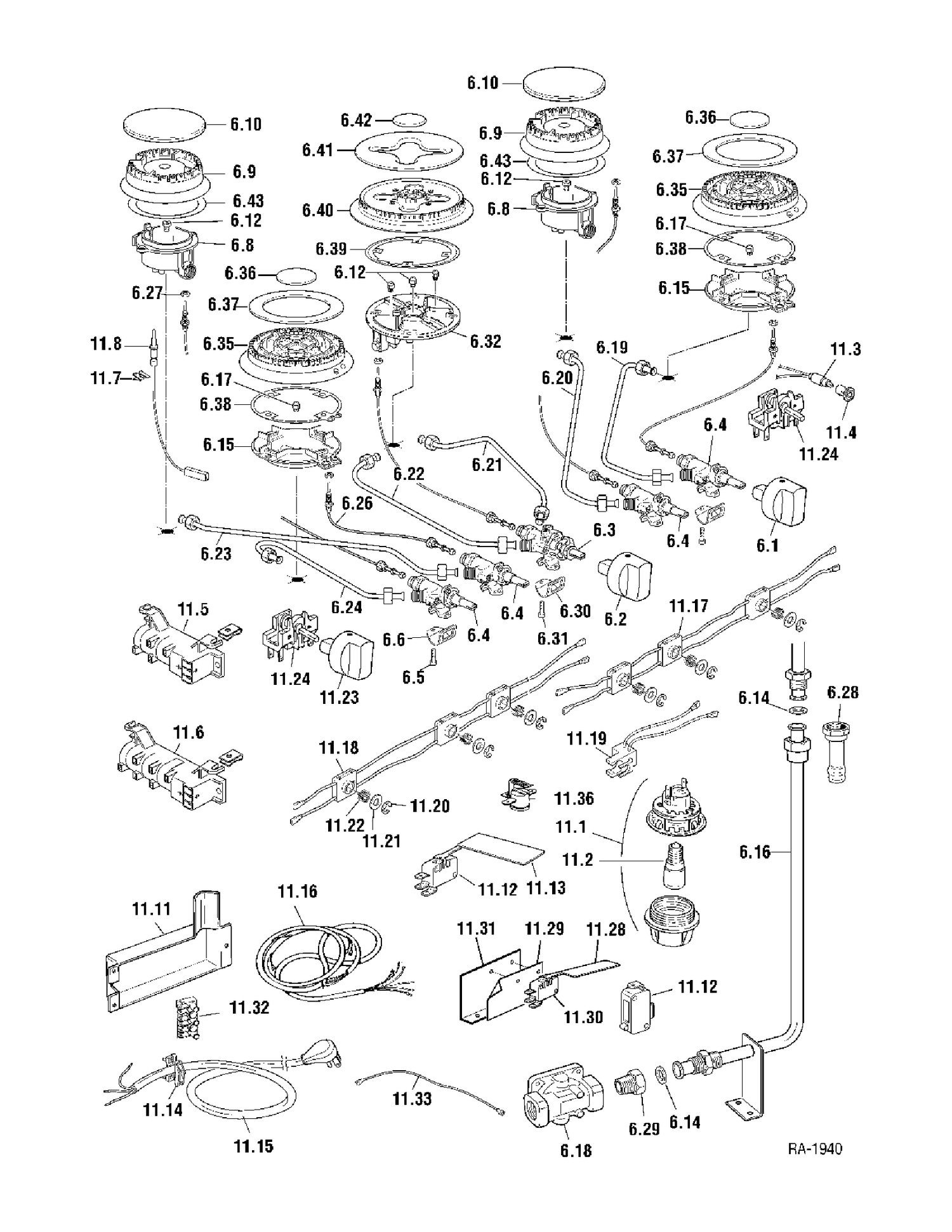 GAS BURNER PARTS Diagram and Parts List for CFSGGD36K1BS  General Electric Range