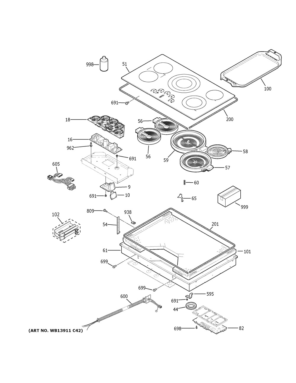 Control Panel & Cooktop Diagram and Parts List for CEP90361N1BB  General Electric Cooktop