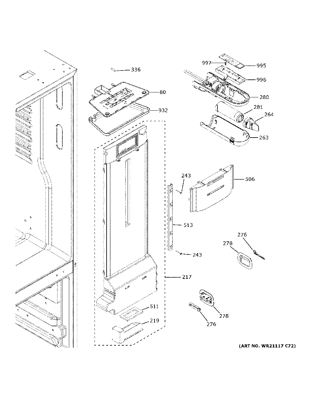 Fresh Food Section Diagram and Parts List for GFE24JMKXFES  General Electric Refrigerator