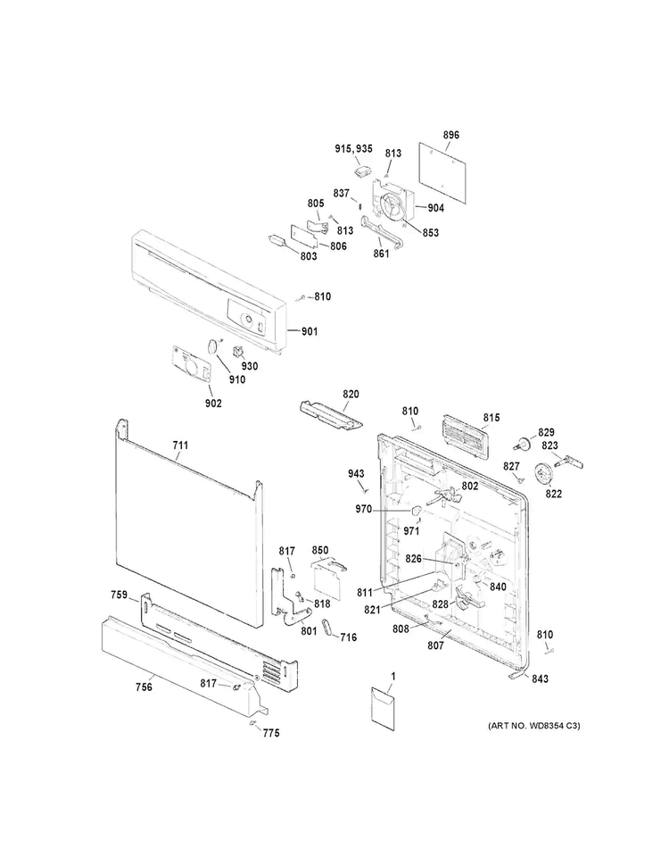 Escutcheon & Door Assembly Diagram and Parts List for GSD2100V45BB  General Electric Dishwasher