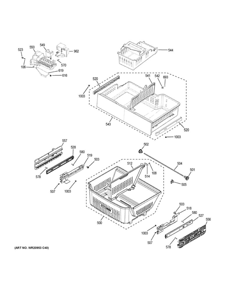 Freezer Shelves Diagram and Parts List for ZWE23PSNCSS  General Electric Refrigerator