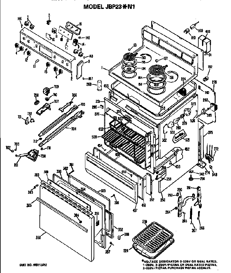 Main Body/cooktop/controls Diagram and Parts List for JBP23N1  General Electric Range