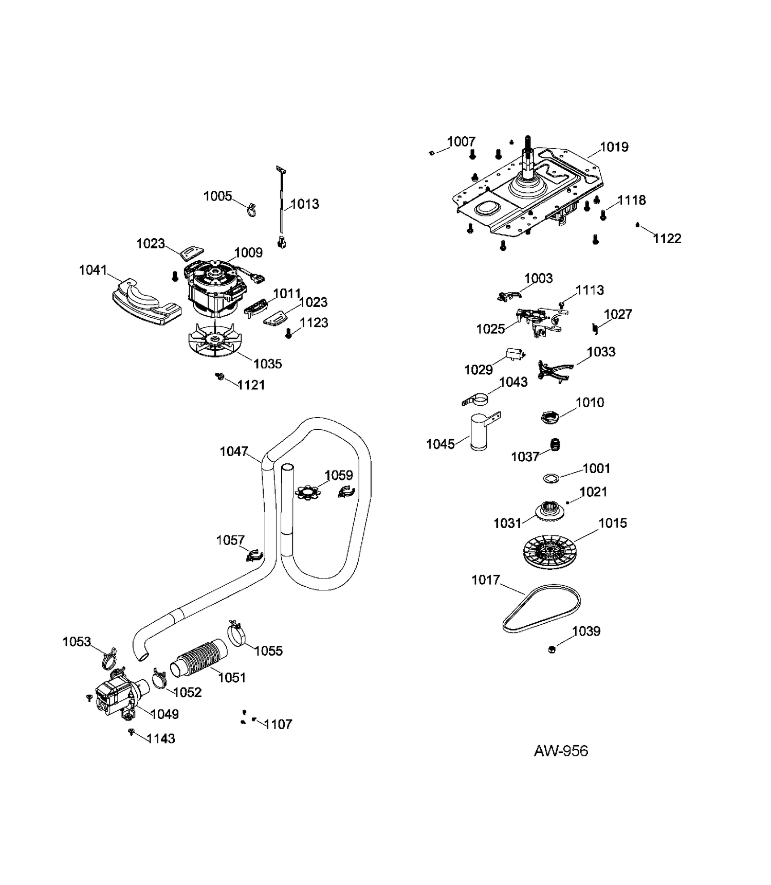 WASHER DRIVE COMPONENTS Diagram and Parts List for GUAP240EM1WW  General Electric Washer