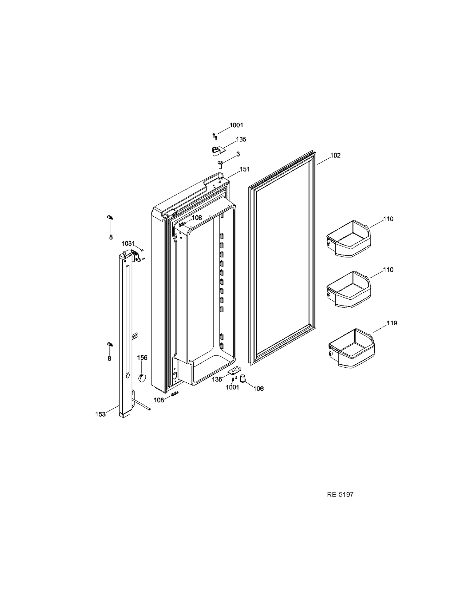 FF DOOR LEFT Diagram and Parts List for GFRF2KBYHWW  General Electric Refrigerator