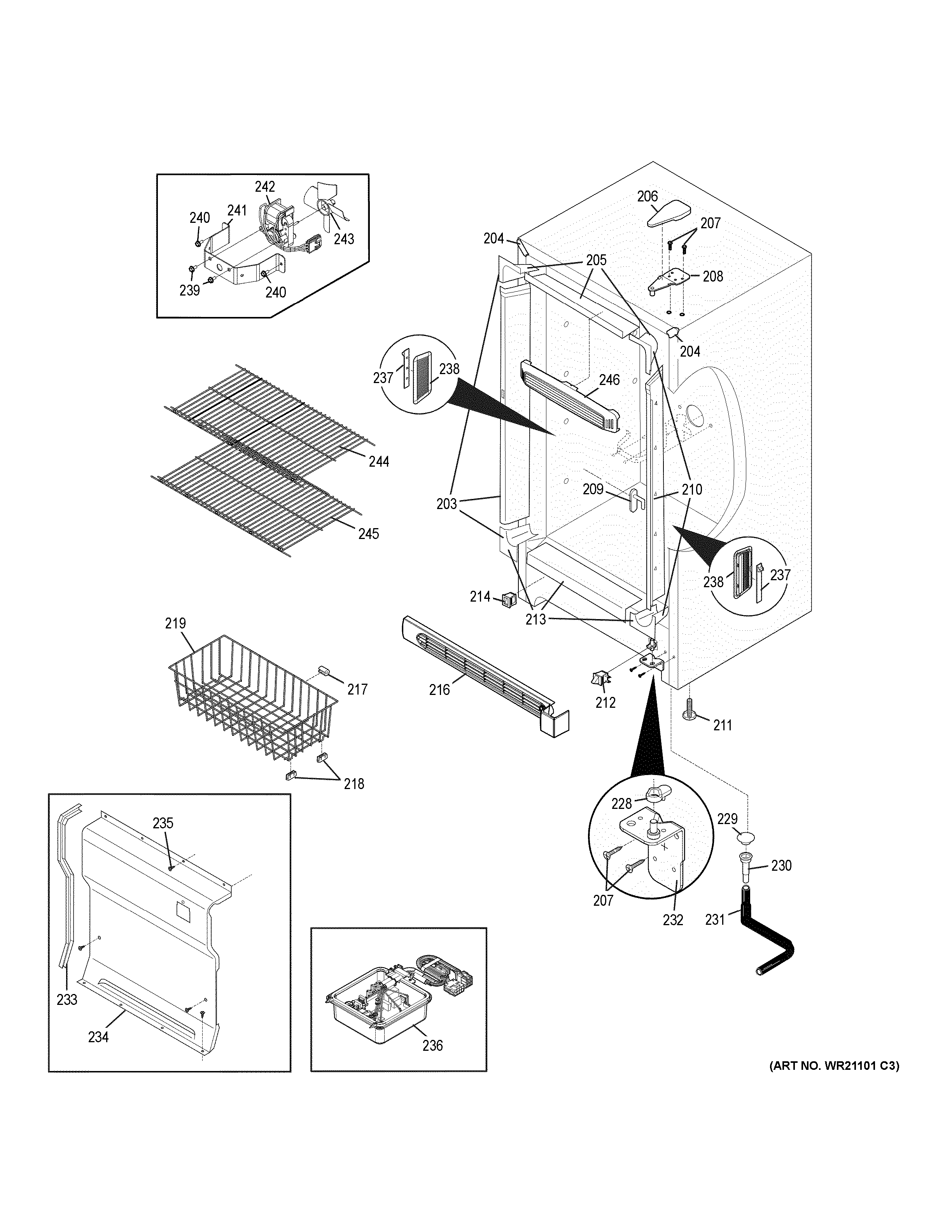 Cabinet Diagram and Parts List for FUF17DHBRWW  General Electric Freezer