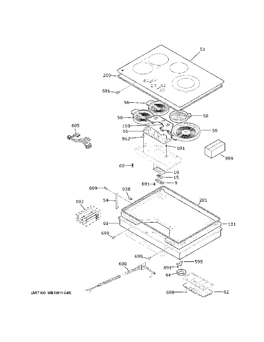 Control Panel And Cooktop Diagram and Parts List for PEP7030DT1BB  General Electric Cooktop
