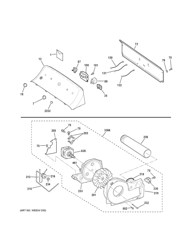 Backsplash, Blower & Motor Assembly Diagram and Parts List for GTD33GASK0WW  General Electric Dryer