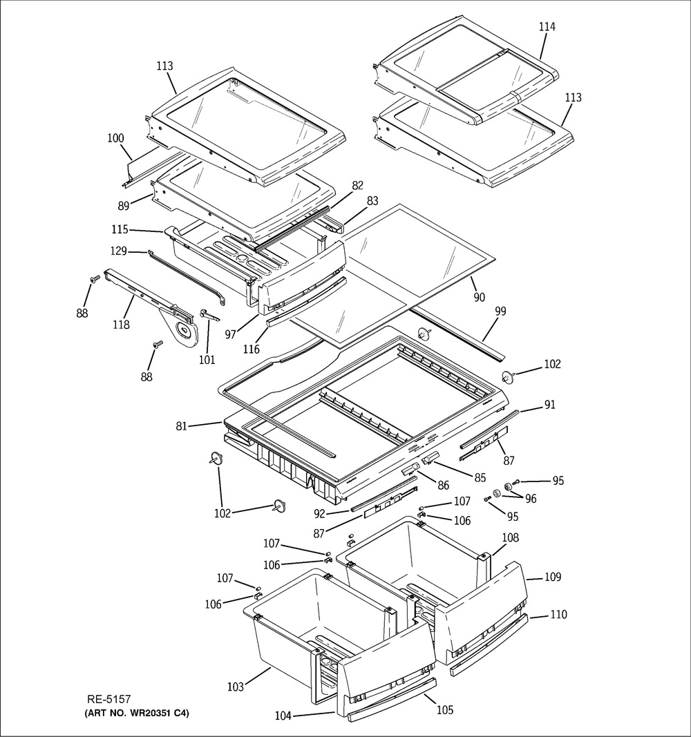 Fresh Food Shelves Diagram and Parts List for PSKS333EB4WW  General Electric Refrigerator