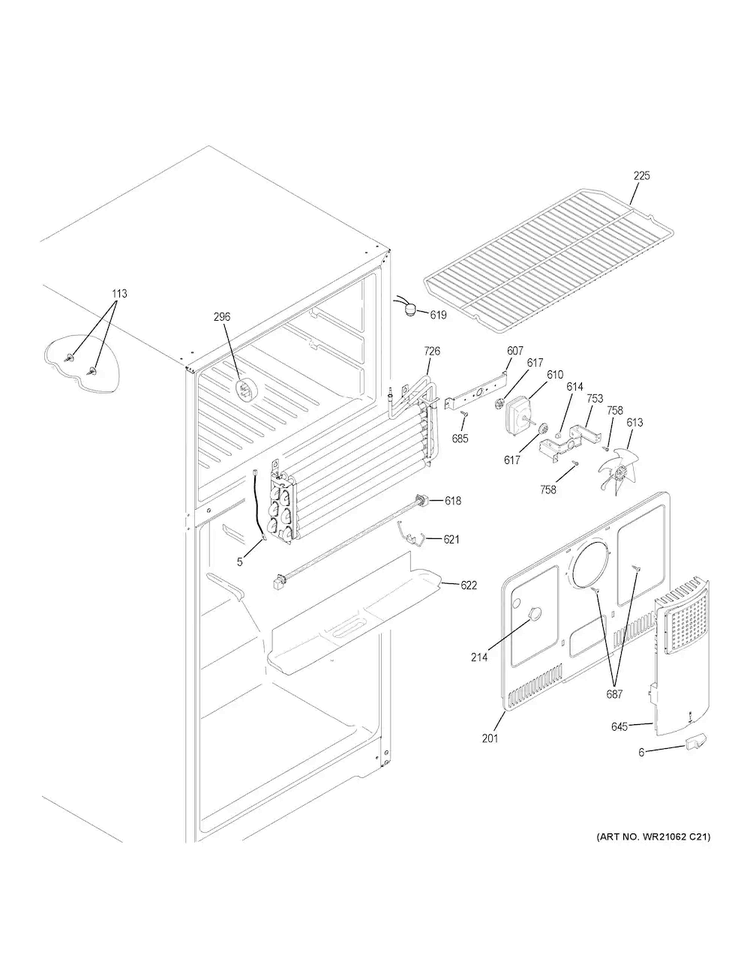 Freezer Section Diagram and Parts List for GTE18GMHGRES  General Electric Refrigerator