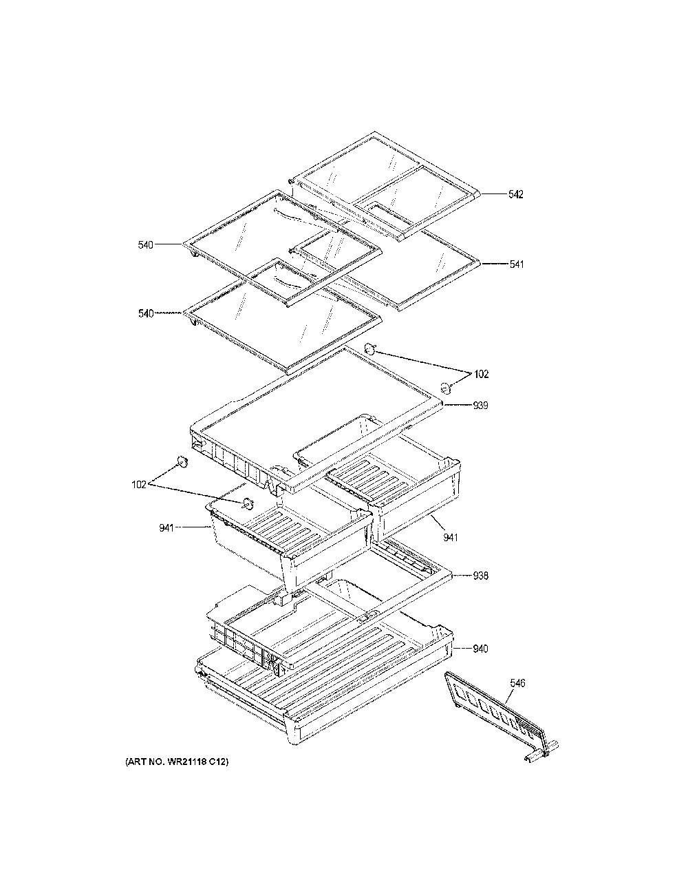 Fresh food shelves Diagram and Parts List for GNE27JMMNFES  General Electric Refrigerator