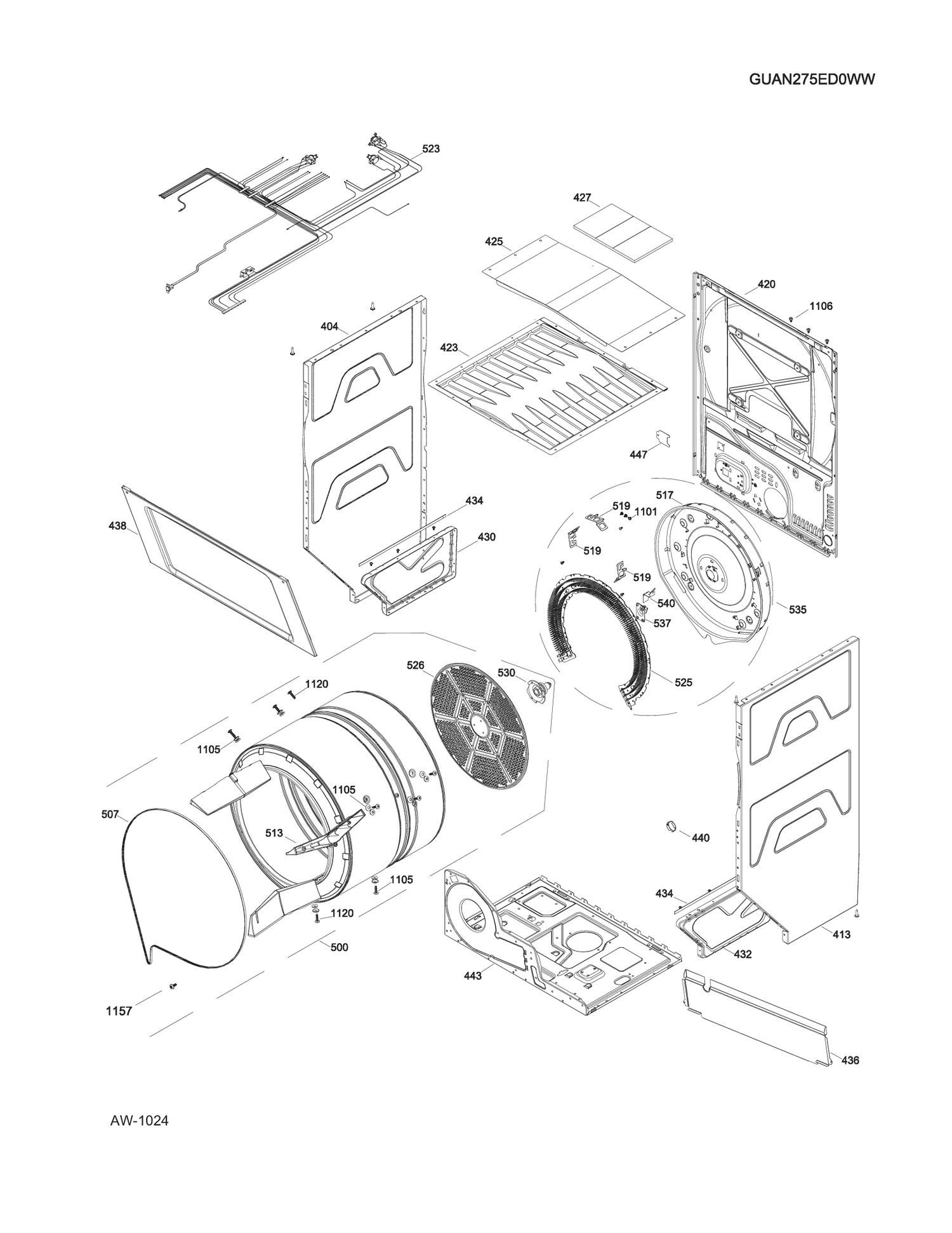 CABINET & DRUM DRYER Diagram and Parts List for GUAN275ED0WW  General Electric Washer